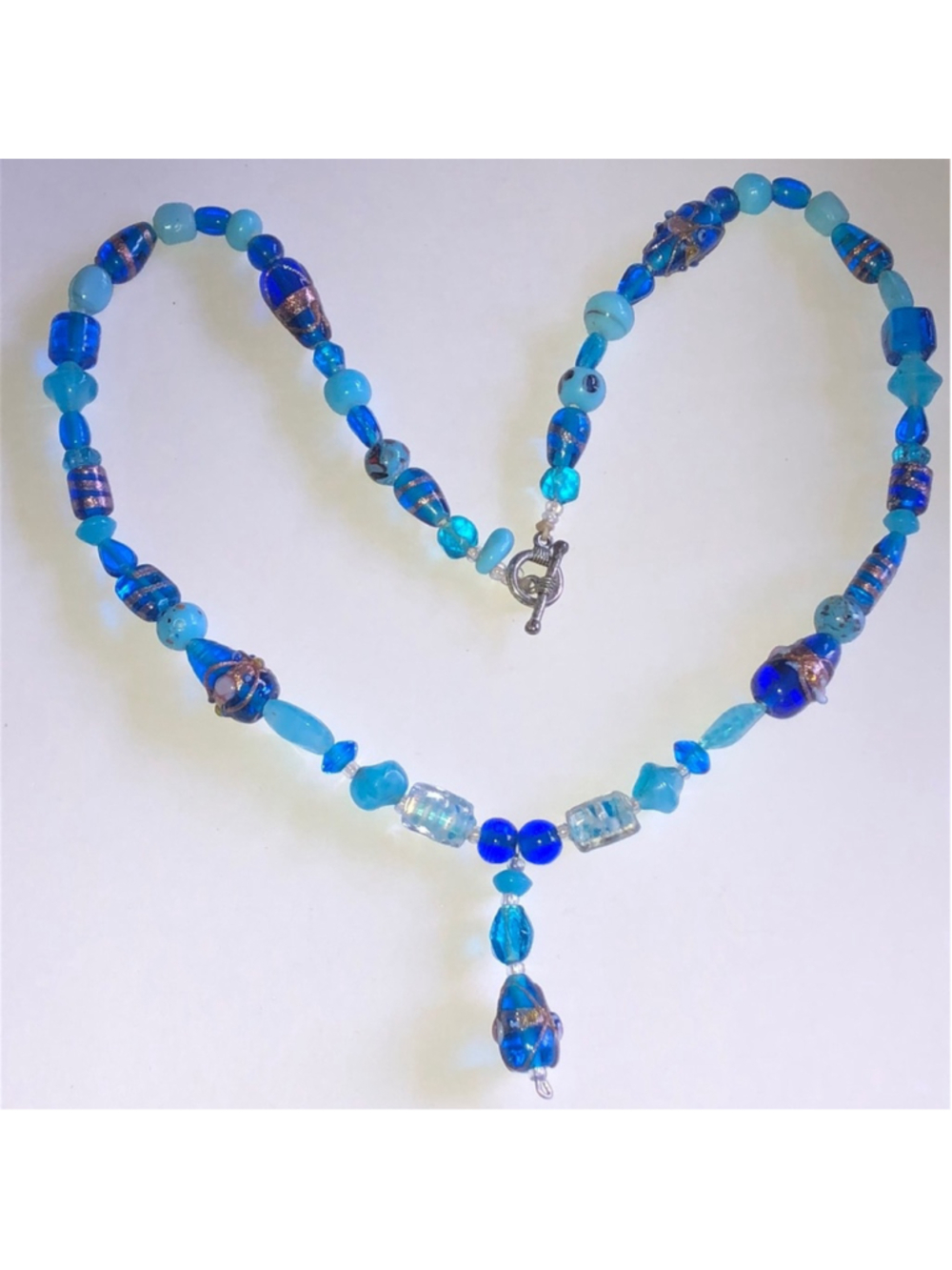 Vintage Blue Glass Beaded Boho Lampwork Beads Y Drop Necklace